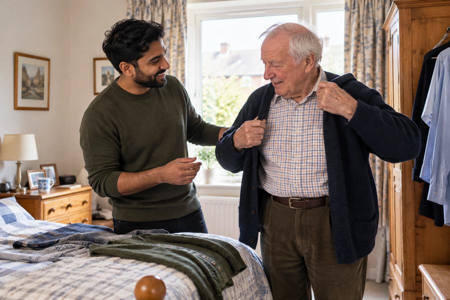 A carer helping an older man into his cardigan in his own bedroom