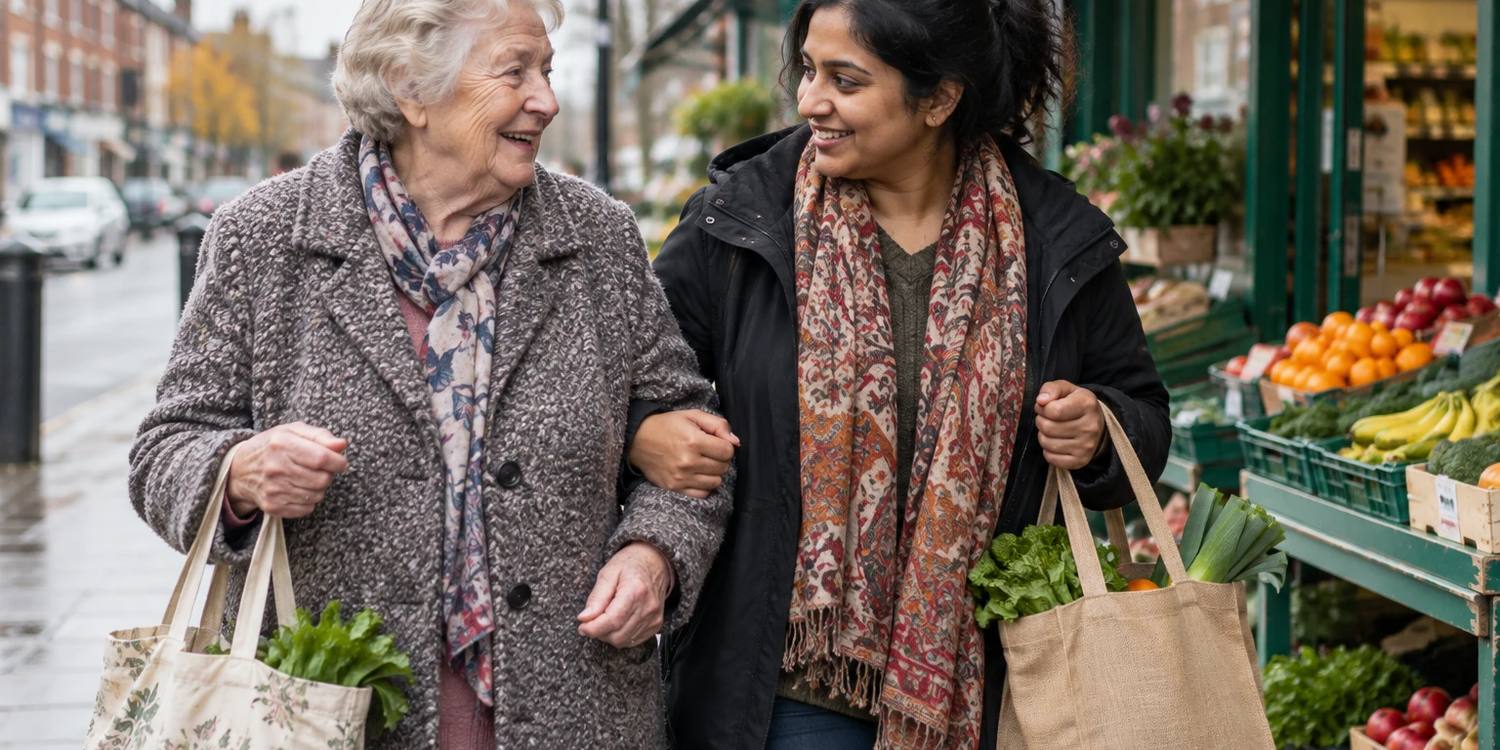 A carer walking arm in arm with an older woman past a greengrocer on the high street